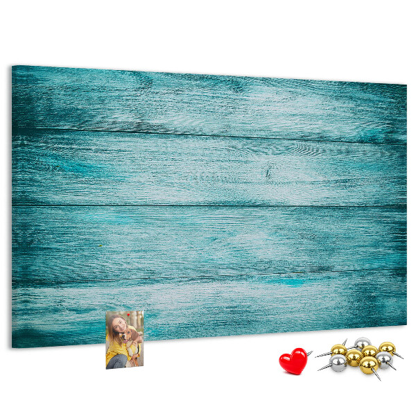 Tablero de corcho decorativo con diseño de tablones de madera en tonos verdes y azules