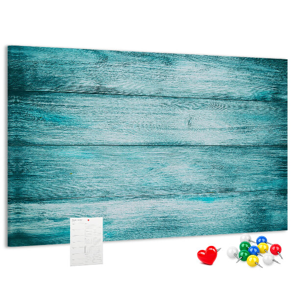 Tablero de corcho decorativo con diseño de tablones de madera en tonos verdes y azules