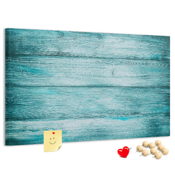 Tablero de corcho decorativo con diseño de tablones de madera en tonos verdes y azules