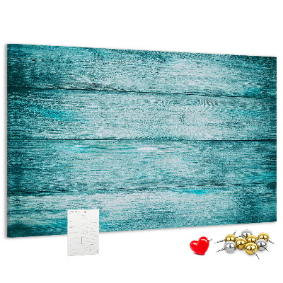 Tablero de corcho decorativo con diseño de tablones de madera en tonos verdes y azules