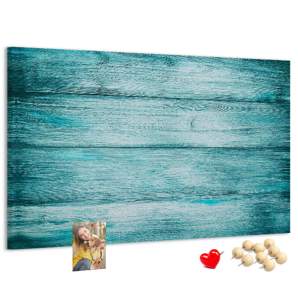 Tablero de corcho decorativo con diseño de tablones de madera en tonos verdes y azules