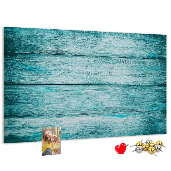 Tablero de corcho decorativo con diseño de tablones de madera en tonos verdes y azules