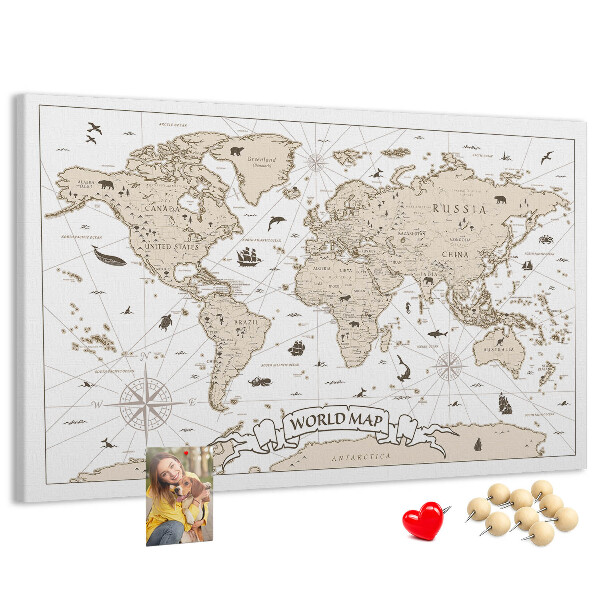 Tablero de corcho decorativo mapa del mundo antiguo con detalles geográficos