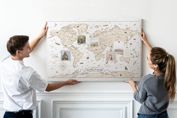 Tablero de corcho decorativo mapa del mundo antiguo con detalles geográficos