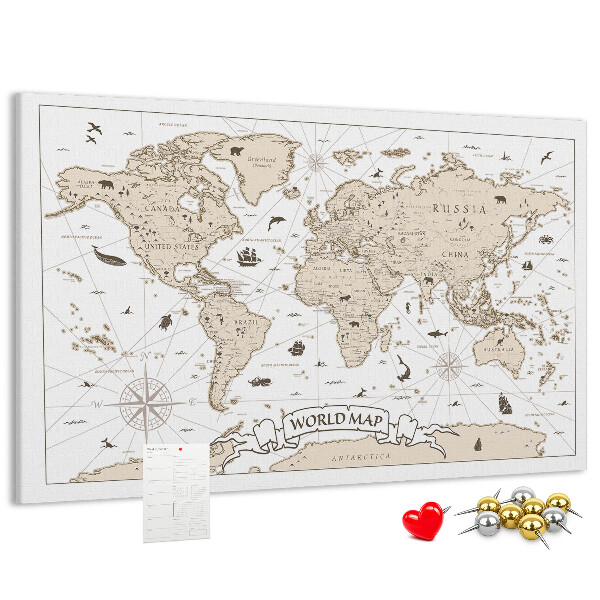 Tablero de corcho decorativo mapa del mundo antiguo con detalles geográficos