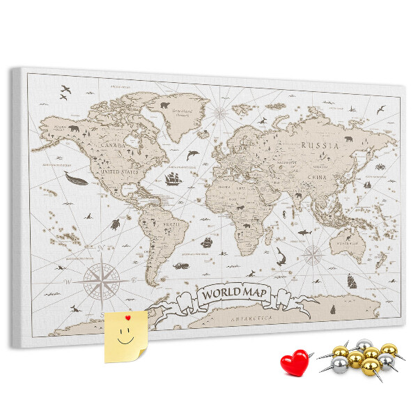 Tablero de corcho decorativo mapa del mundo antiguo con detalles geográficos
