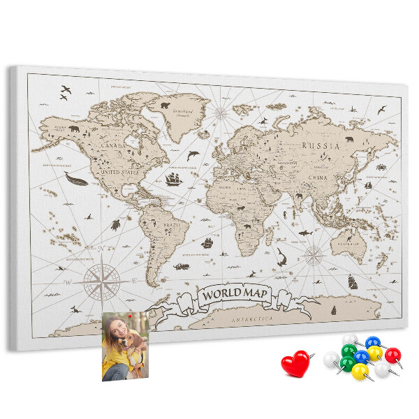 Tablero de corcho decorativo mapa del mundo antiguo con detalles geográficos