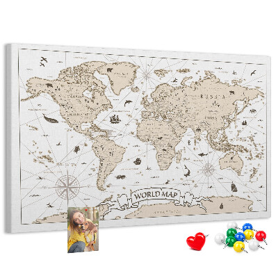 Tablero de corcho decorativo mapa del mundo antiguo con detalles geográficos