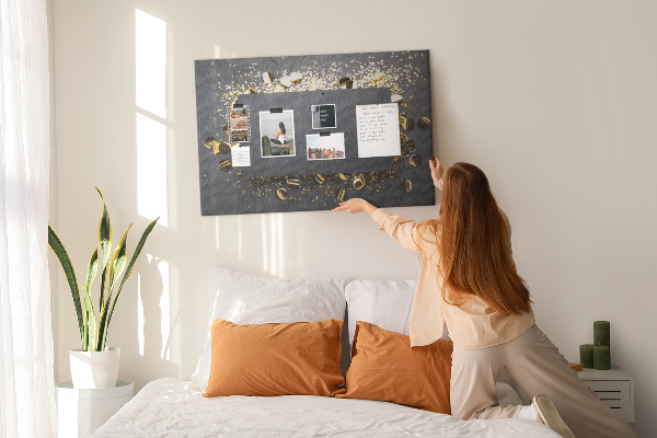 Tablero de anuncios con diseño de confeti dorado sobre fondo negro