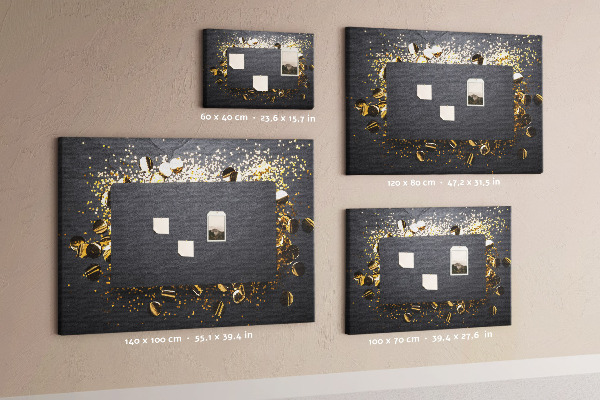 Tablero de anuncios con diseño de confeti dorado sobre fondo negro