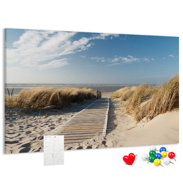 Pizarra de corcho con diseño de paisaje de playa bajo el sol de verano