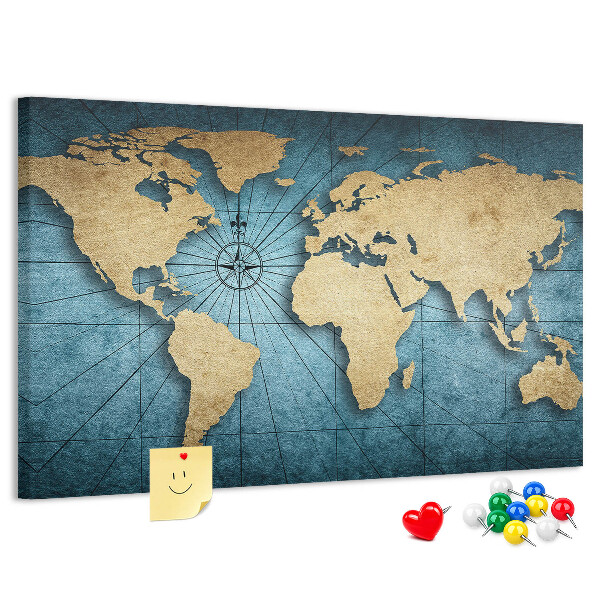 Pizarra de corcho diseño de mapa del mundo antiguo con brújula