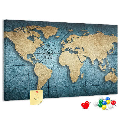 Pizarra de corcho diseño de mapa del mundo antiguo con brújula