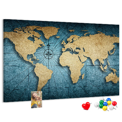 Pizarra de corcho diseño de mapa del mundo antiguo con brújula