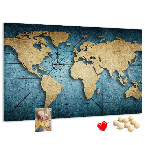 Pizarra de corcho diseño de mapa del mundo antiguo con brújula