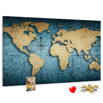 Pizarra de corcho diseño de mapa del mundo antiguo con brújula