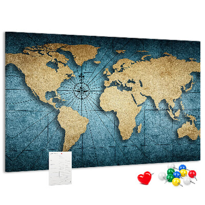 Pizarra de corcho diseño de mapa del mundo antiguo con brújula