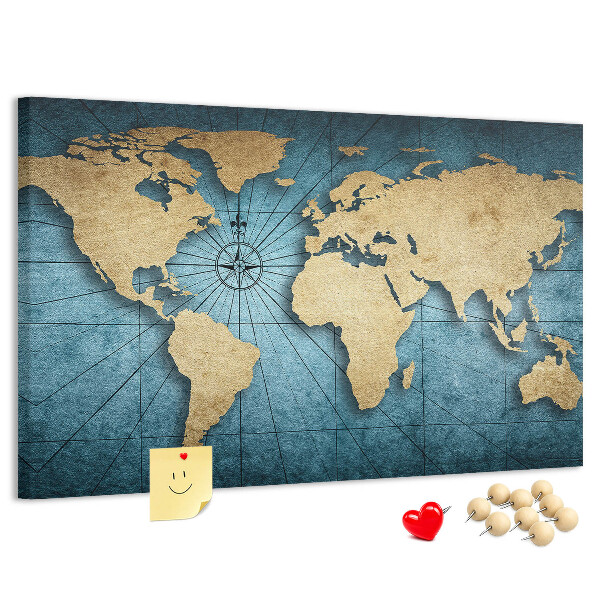 Pizarra de corcho diseño de mapa del mundo antiguo con brújula