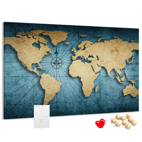 Pizarra de corcho diseño de mapa del mundo antiguo con brújula