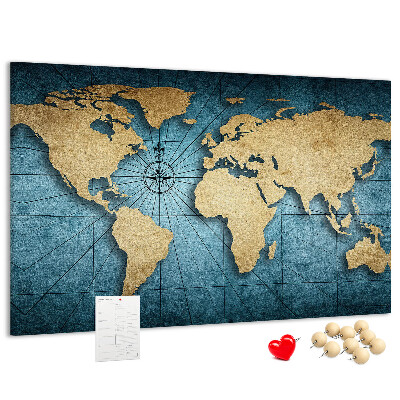 Pizarra de corcho diseño de mapa del mundo antiguo con brújula
