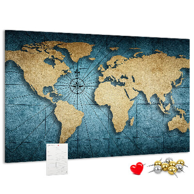 Pizarra de corcho diseño de mapa del mundo antiguo con brújula