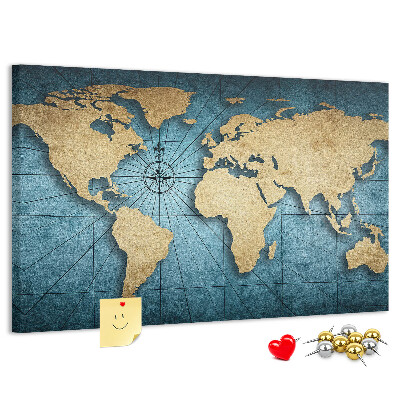 Pizarra de corcho diseño de mapa del mundo antiguo con brújula