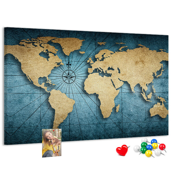 Pizarra de corcho diseño de mapa del mundo antiguo con brújula