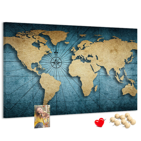 Pizarra de corcho diseño de mapa del mundo antiguo con brújula