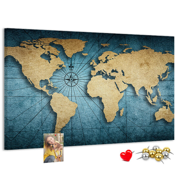 Pizarra de corcho diseño de mapa del mundo antiguo con brújula