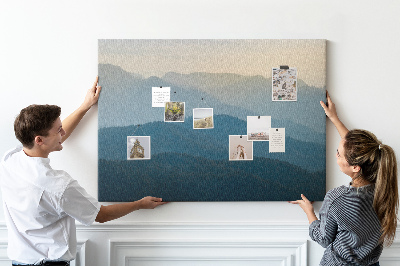 Tablero de corcho decorativo con diseño de paisaje de montaña en tonos delicados