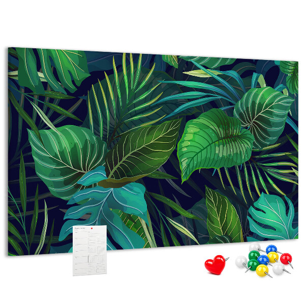Tablero de corcho decorativo con diseño de hojas tropicales sobre fondo oscuro
