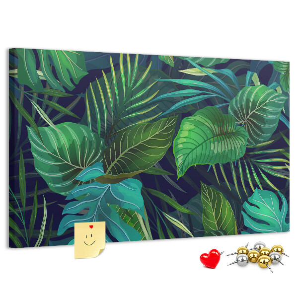Tablero de corcho decorativo con diseño de hojas tropicales sobre fondo oscuro