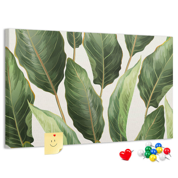 Tablero de anuncios diseño de hojas tropicales en tonos verdes
