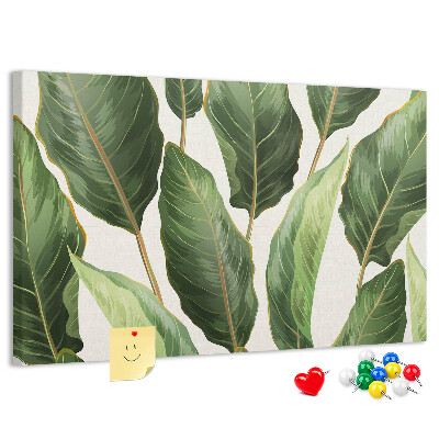 Tablero de anuncios diseño de hojas tropicales en tonos verdes