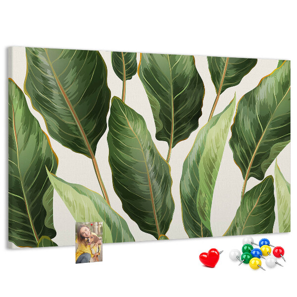 Tablero de anuncios diseño de hojas tropicales en tonos verdes