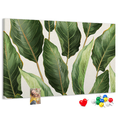 Tablero de anuncios diseño de hojas tropicales en tonos verdes