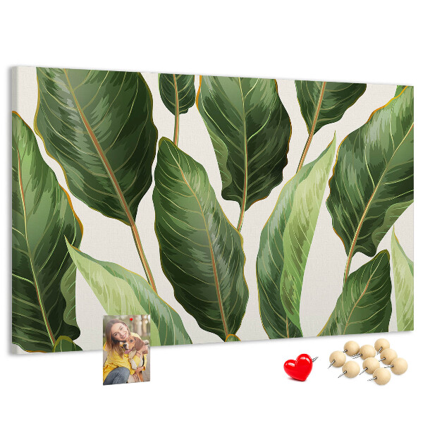 Tablero de anuncios diseño de hojas tropicales en tonos verdes