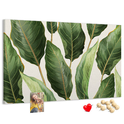 Tablero de anuncios diseño de hojas tropicales en tonos verdes