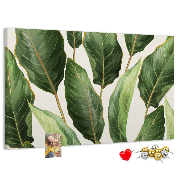 Tablero de anuncios diseño de hojas tropicales en tonos verdes