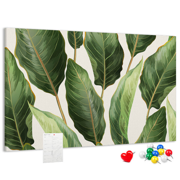 Tablero de anuncios diseño de hojas tropicales en tonos verdes