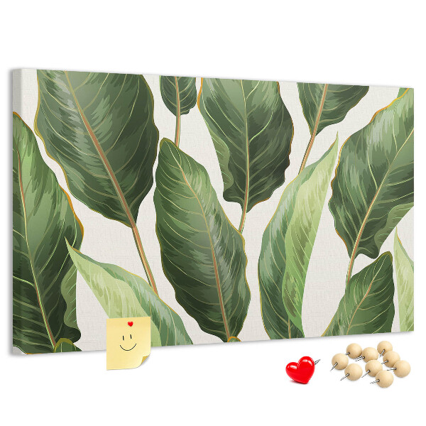 Tablero de anuncios diseño de hojas tropicales en tonos verdes