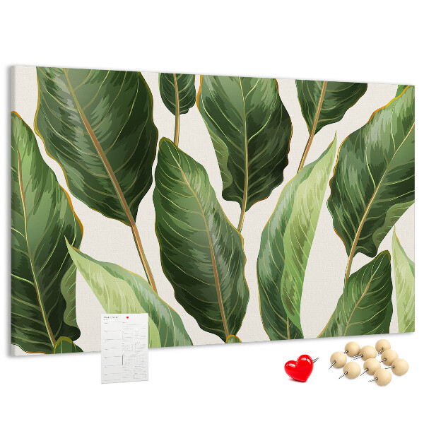 Tablero de anuncios diseño de hojas tropicales en tonos verdes