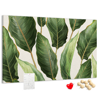 Tablero de anuncios diseño de hojas tropicales en tonos verdes