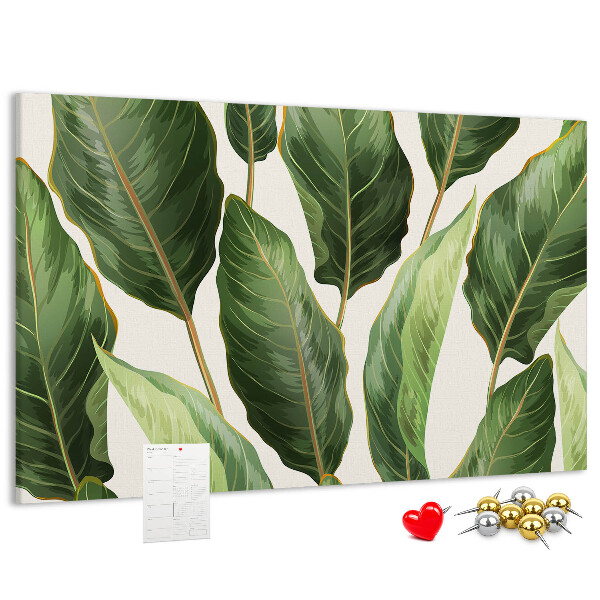 Tablero de anuncios diseño de hojas tropicales en tonos verdes