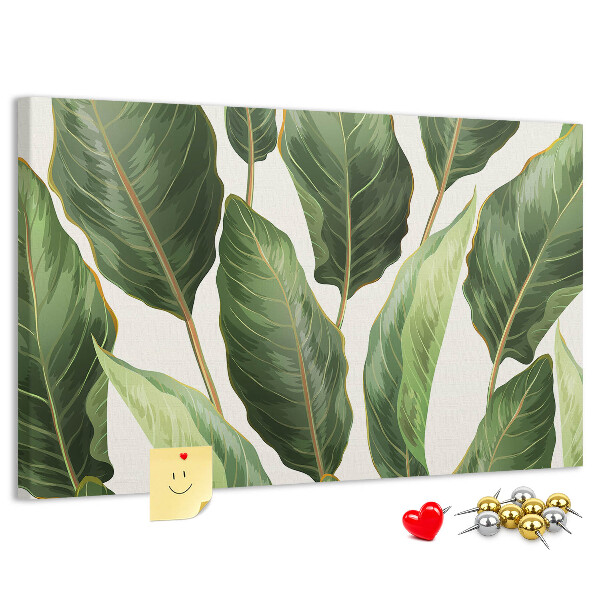 Tablero de anuncios diseño de hojas tropicales en tonos verdes