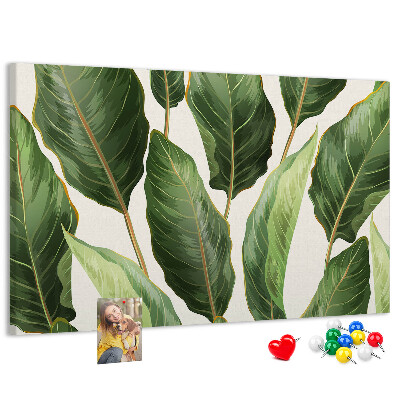 Tablero de anuncios diseño de hojas tropicales en tonos verdes