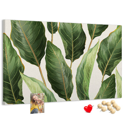 Tablero de anuncios diseño de hojas tropicales en tonos verdes