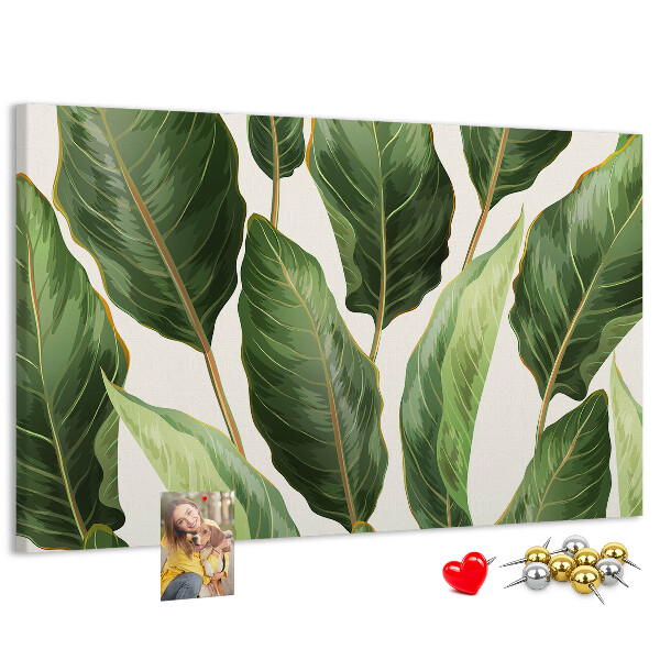 Tablero de anuncios diseño de hojas tropicales en tonos verdes