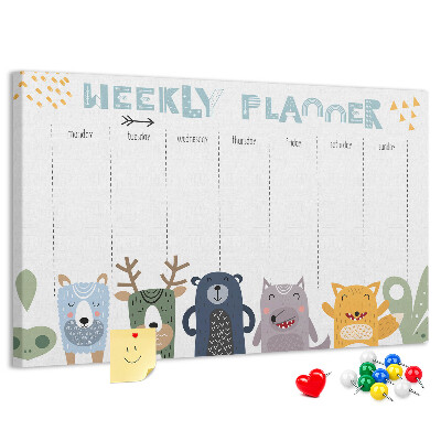 Tablero de corcho decorado planificador semanal con diseño de animales coloridos