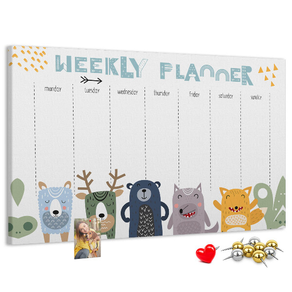 Tablero de corcho decorado planificador semanal con diseño de animales coloridos